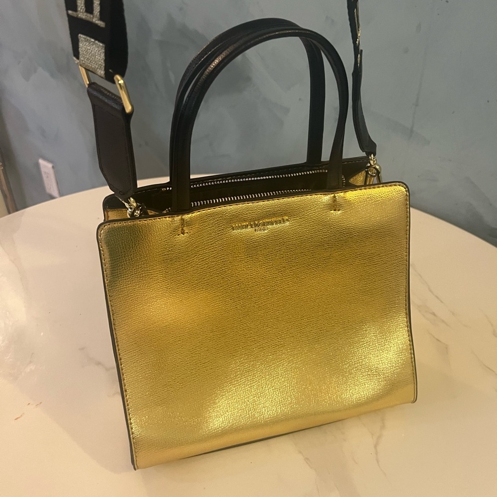 Karl Lagerfeld gold metallic handbag with black handlles & shoulder strap - Picture 8 of 11